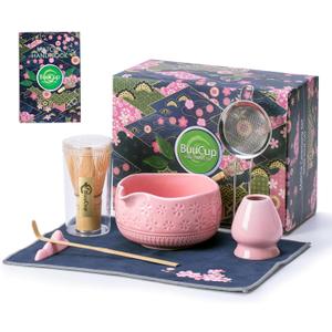 Buucup Matcha Whisk Set, Ceramic Matcha Kit Set Includes Matcha Bowl, Matcha Whisk and Holder, Bamboo Scoop, Scoop Rest, Sifter and Tea Towel - 7 Pcs Matcha Kit for Matcha Lovers (Pink)