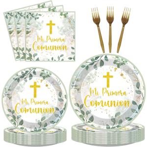Mi Primera Comunion Decoracion - 96 Pcs Green First Communion Holy Party Decorations Paper Plates Napkins Forks Tableware Set Disposable Baptism 1st Religious Supplies Decor Serve 24 Guests