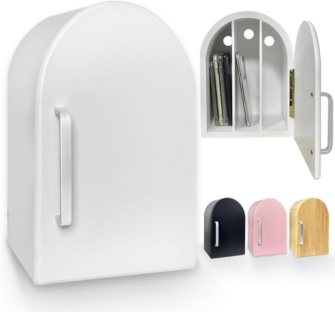 Premium Phone Box for Family Time, Bamboo Wood Cell Phone Jail, Home Decor Box Holds Up to 12 Phones, Telephones Holder Storage to Help Kids & Adults Focus Back, with Charging Holes, White