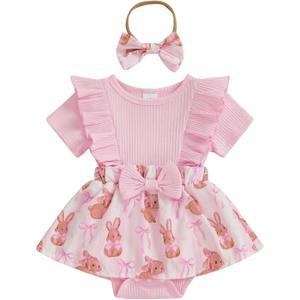 Newborn Baby Girl Easter Outfit Rabbit Romper Dress Ribbed Ruffle Skirt Hem Jumpsuit Cute Summer Clothes (Pink) 3-6 M