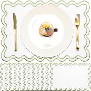 Linen Placemats Set of 12 Scalloped Placemat 13 X19 Wavy Embroidery Double Layered Washable Farmhouse Dinner Fabric Table Mat Napkin for Wedding Party Christmas Hotel Restaurant(Grass Green)