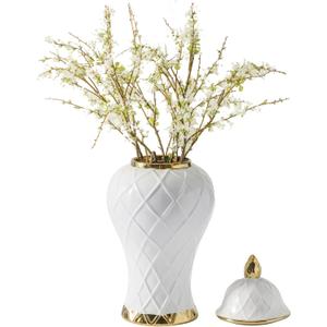 Ginger Jars for Home Decor, White and Gold Vase, Decorative Ceramic Ginger jar with lid, Porcelain Flower Vase for Centerpieces Jarrones, Storage jar, Table Center Vase, Temple Jar(14in)