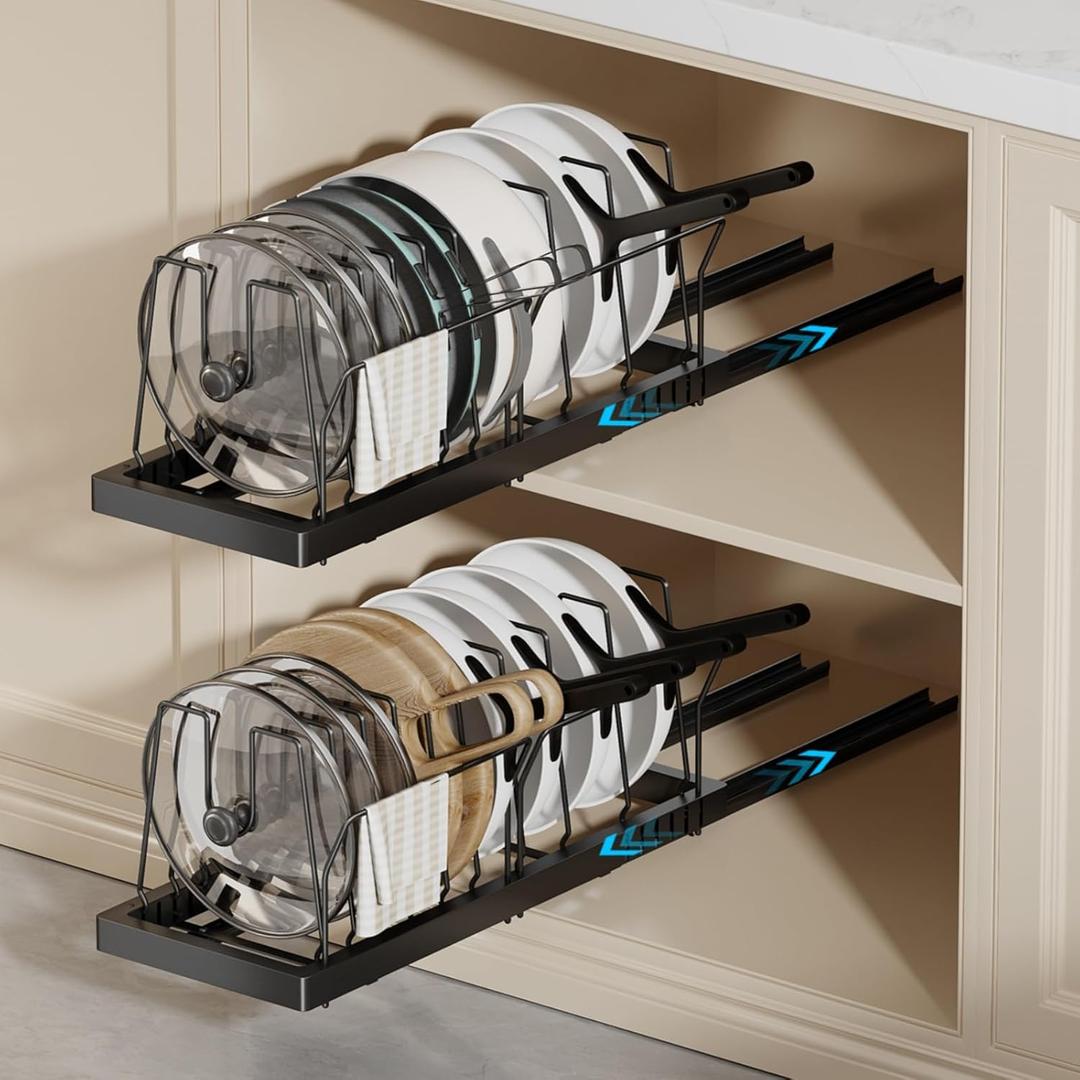 Magheo 2 Pack Pots and Pans Organizer Under Cabinet, 22" Deep Expandable Pull Out Pot Lid Organizer and Storage with 10 Adjustable Dividers No Drill Pot and Pan Holder Rack with Handle Bracket(Black)