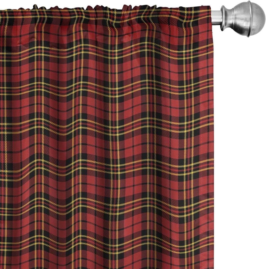 Lunarable Plaid Curtains, Classical Celtic Fashion Tartan Checks and Stripes Cultural Folk Inspiration, Window Treatments 2 Panel Set for Living Room Bedroom Decor, 56 Inch x 95 Inch, Red Black