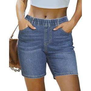 luvamia Jean Shorts for Women Trendy Pull On Mid Rise Elastic Waist Summer Casual Stretchy Long Denim Walking Shorts (Small, Indigo Medium Blue) luvamia Jean Shorts for Women Trendy Pull On Mid Rise Elastic Waist Summer Casual Stretchy Long Denim Walking Shorts (Small, Indigo Medium Blue)