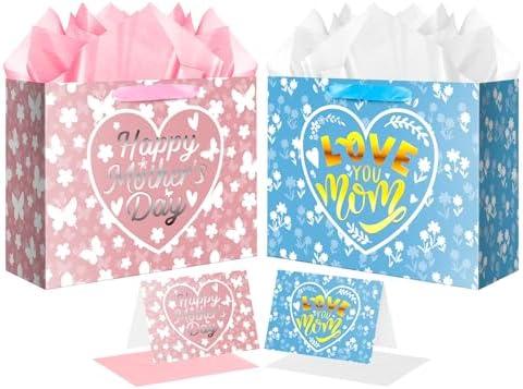 JWSCYSY 8PCS 12.6" Large Mother's Day Gift Bags with Tissue Papers and Greeting Cards (Pink Silver, Blue Gold)