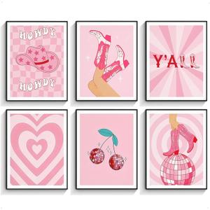 JSXOVDL Pink Preppy Room Decor Wall Art Retro Cowboy Western Wall Art Aesthetic Preppy Stuff Canvas Prints Wall Art Vintage Pink Poster for Girls Bedroom Dorm 8x10 Unframed 6pcs