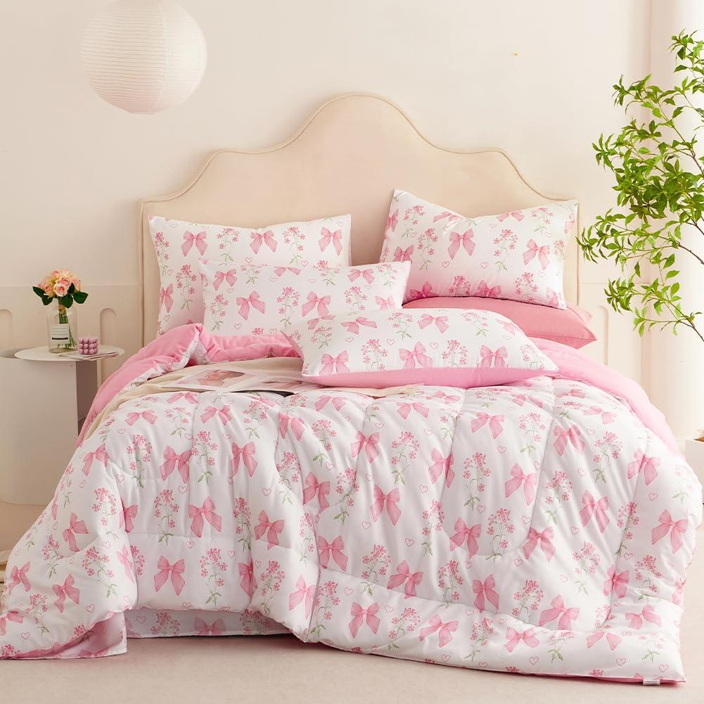 Pink Bow Comforter Set Queen Size Pink Floral Comforter for Girls Kids Romantic Princess Style Bowknot Bedding Set Ultra Soft Reversible Garden Flower Comforter Sets with 2 Pillowcases 3Pcs