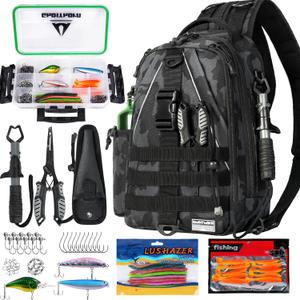 Ghosthorn Fishing Backpack with Tackle Boxes, Fish Pliers, Fish Lip Gripper, Lures, Waterproof Tackle Bag with Rod Holder, Fishing Gear Sling Bag Gift For Men Women Anglers (Black)