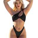 Palmipeta Sexy Brazilian Thong Bikini Sets for Women High Cut Leg Rise Two Pieces One Shoulder Swimsuit Cutout Bathing Suits Cute Black M Only 1