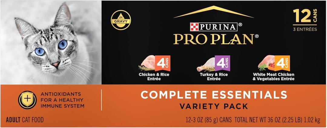 Purina Pro Plan Gravy, High Protein Wet Cat Food Variety Pack, Complete Essentials Chicken and Turkey Favorites - (2 Packs of 12) 3 oz. Cans, BBD: 05/2026
