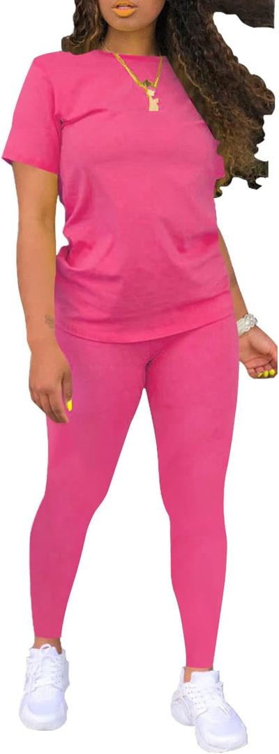 Nimsruc Biker Short Sets Women 2 Piece Outfits Summer Short Sleeve Jogger Tracksuit (Small, 6483 Rose Red)