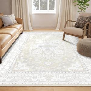 6x9 Area Rug Vintage Machine Washable Low Pile Carpet No Shedding Area Rugs for Living Room Bedroom Dining Room Kitchen Entryway Hallway Office Indoor-Cream/Multi