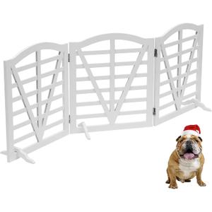 Wooden Dog Gate Freestanding Pet Gate Foldable Pet Gate for Dogs,Indoor Dog Fences with 3Foot Supportershite,3Pane 23.6" Height-White.