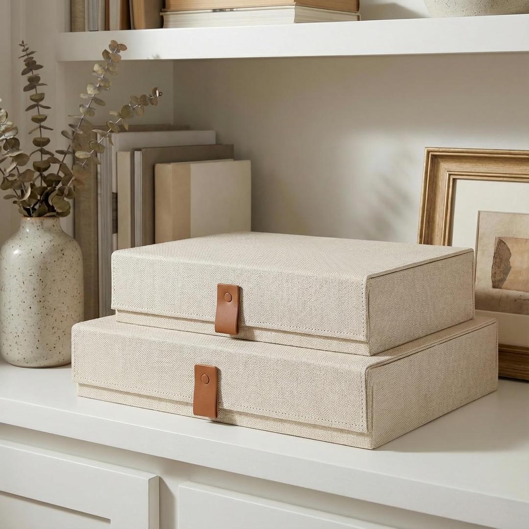 Decorative Photo Storage Boxes with Lids - Set of 2 Beautiful Linen Organizers Are Perfect to Safely Store Your Pictures, Documents, Scrapbooking Supplies, Keepsakes, and Other Memories in Style (Ivory)
