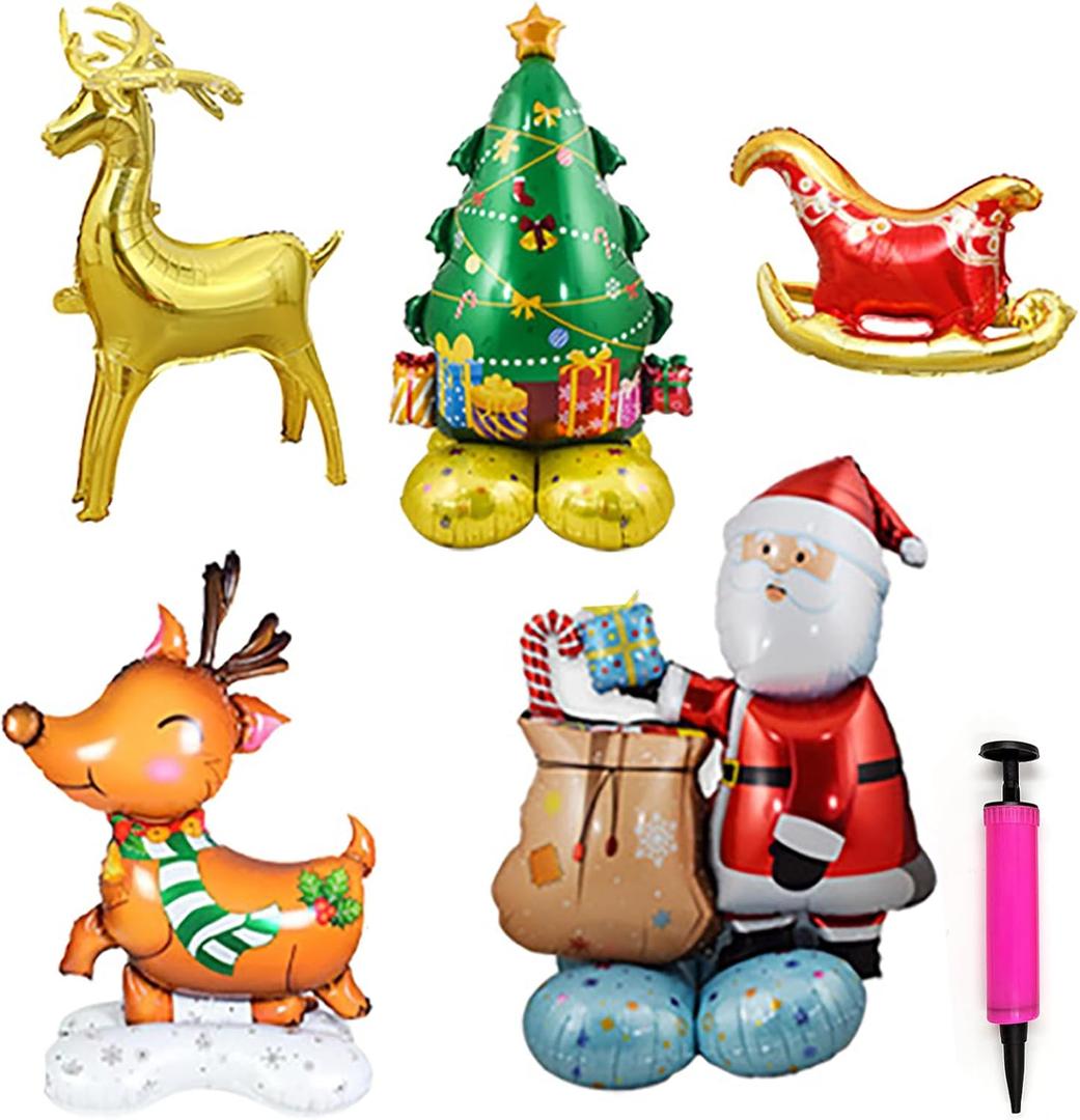 5Pack Merry Christmas Party Decorations Balloons - Christmas Party Supplies with Santa Claus, Snowman, Elk, Christmas Tree Balloon for Festive Holiday Celebrations With Pump
