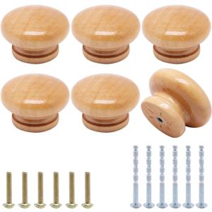 6pcs Wooden Cabinet Knobs, Wood Dresser Knobs Kitchen Cabinet Knob Modern Round Knob for Furniture Cupboard Dresser Drawer Closet Door (Natural Wood Finished, 45mm) (Round 1.77"-Large)