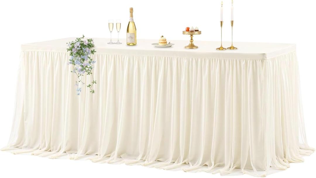 Wish Care Ivory Tulle Tablecloth for 6 Foot Rectangle Tables Stretch Fitted Rectangular Table Cloths Wrinkle Free Ruffle Elastic Table Cover Tutu Skirt for Wedding Birthday Party Baby Shower Cake