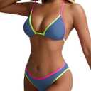 TASHEHE Women's Colorful String Bikini Set Sexy Triangle Two Piece Neon Bikini Swimsuit Color Block Halter Bathing Suit (Medium, 424 / Navy Blue)