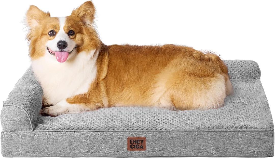 EHEYCIGA Large Dog Bed Memory Foam for Crate, Orthopedic Dog Bed Large Size Dogs with Washable Removable Cover, Waterproof Pet Sofa Couch with Nonskid Bottom, 35x22x6, Grey