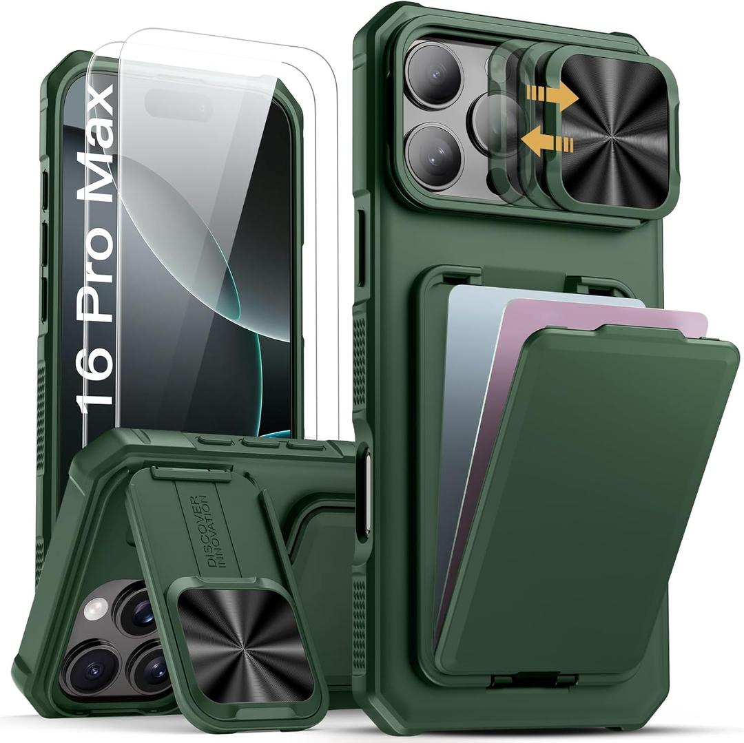 SSLOTSCASE for iPhone 16 Pro Max Case with 2X Screen Protector, Card Holder & Camera Cover Stand & Slide Lens Cover, Multifunctional Rugged Wallet Phone Case Cover for iPhone 16 Pro Max, Green