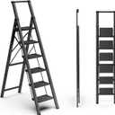 6 Step Ladder for 12 Feet High Ceiling, Folding Step Stool with Handgrip & Anti-Slip Wide Pedal, Portable Lightweight Aluminum Stepladder for Kitchen, Home (300 lbs Capacity) - Black