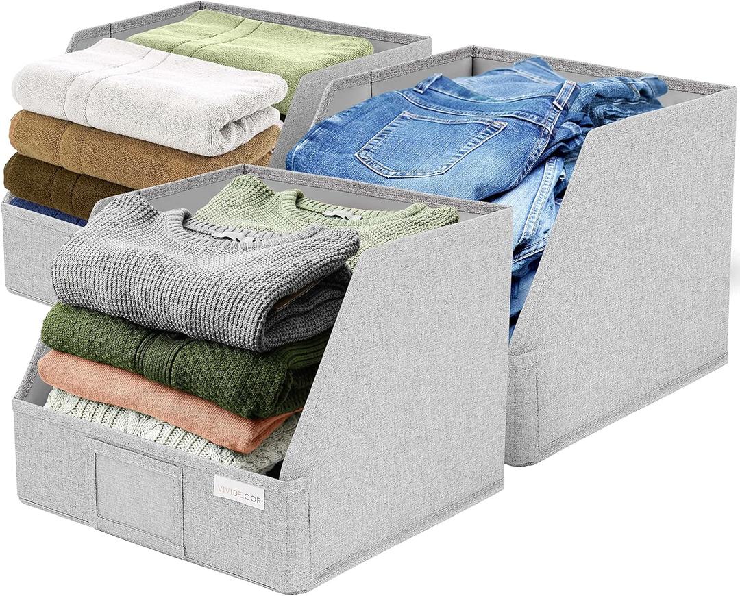 Trapezoid Closet Bins for Shelves  12x12x10 Fabric Storage Baskets, Closet Organizers Bins, Open Front Fabric Baskets, Collapsible Organizer Boxes for Clothes, Linen  Light Gray, 3 Pack