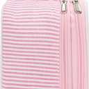 Relavel Cute Makeup Bag for Girls, Portable Pink Cosmetic Bag, Dual-layer Makeup Pouch with Brush Holder, Multi-Functional Preppy Toiletry Organizer for Travel, Daily Use - Pink Strip