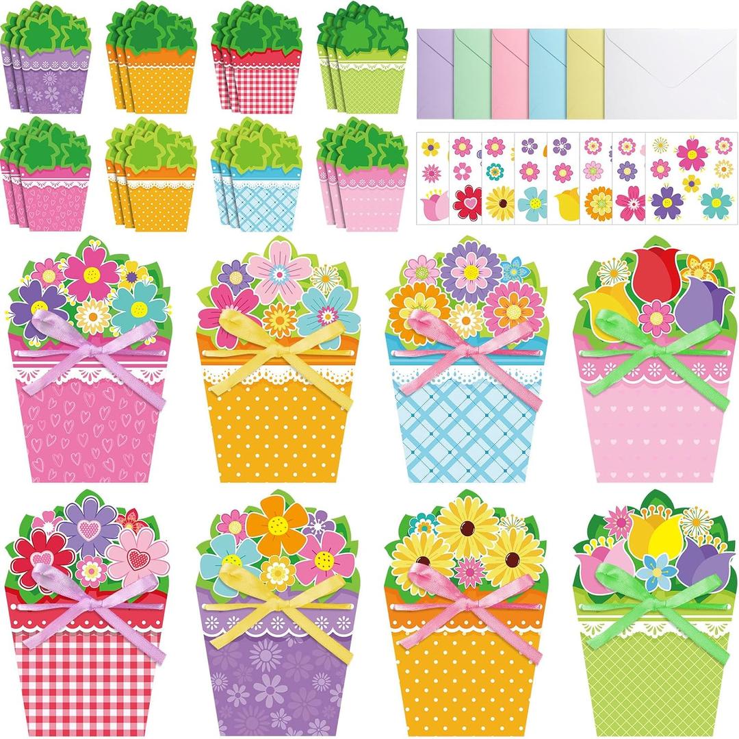 Pasimy 24 Sets Card Making Kits DIY Handmade Greeting Card Kits with Flowers Stickers Envelopes Ribbon for Primary School Mother's Day Make Your Own Crafts Gifts