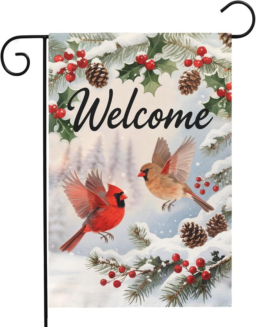 2 x Welcome Winter Garden Flag 12x18 Inch Cardinal Bird Xmas Holiday Seasonal Theme Decorative Yard Flags for Outside Double Sided Outdoor Home Farmhouse Decoration Porch New Year Decor