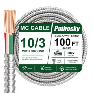 10/3 MC Cable 100 FT, Metal Clad Electrical Wire with Green Insulated Ground, 10 AWG Solid Pure Copper Conductors, Aluminum Armor Real THHN/THWN, 600V 90°C Indoor/Outdoor Rated UL Listed