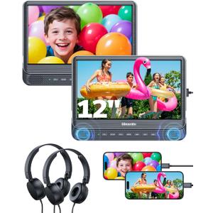 GOnavidio 12" Dual Car DVD Players with HDMI Input 2 Headphones, Headrest DVD Players for Kids Support Sync Screen, Play A Same or Two Different Movies, Region Free, USB/TF Card, No Battery
