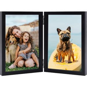 5x7 Double Picture Frame Vertical Wooden Hinged Photo Frame 2 Opening Folding Collage with Definition Glass, Black 2 Packs