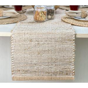 Chardin home Natural Jute Table Runner 13x108 Inch Vintage Boho Rustic Table Decor Handwoven Long Table Runner in Natural Jute and Ivory Farmhouse Dining or Console Table Accent