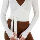 Usweetie Women's Ballet Wrap Top Long Sleeve Tie Workout Pilates Yoga Wrap Top, M