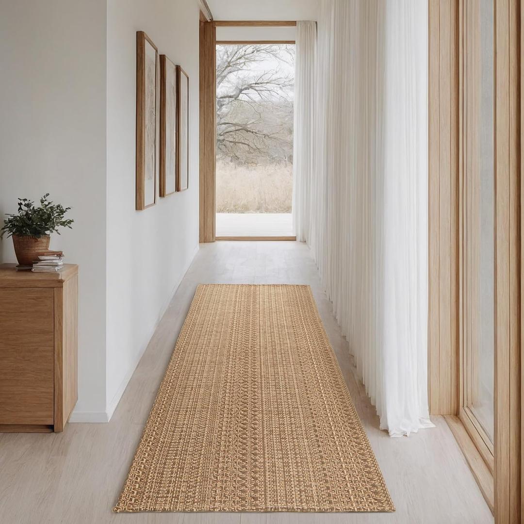 Runner Rug  Boho 2x6 ft Hallway Runner Rug Washable Non-Slip Cotton Entryway Rug with Rubber Backing, Taupe Brown, Machine Washable, Durable Hand-Woven Design for Home & Kitchen