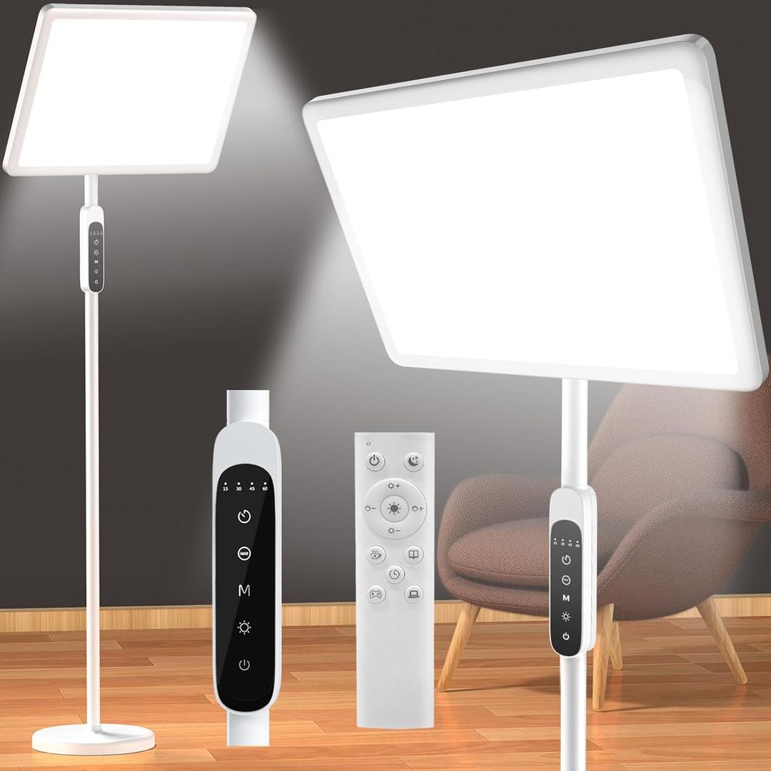12,000 Lux Light Therapy Lamp, Full Spectrum Sunlight Lamp, UV-Free Sun Lamp with Remote Control/4 Color Temp/5 Brightness/4 Timer, 3 Height Adjustable Floor Lamp for Home Office, Living Room, Bedroom (White)