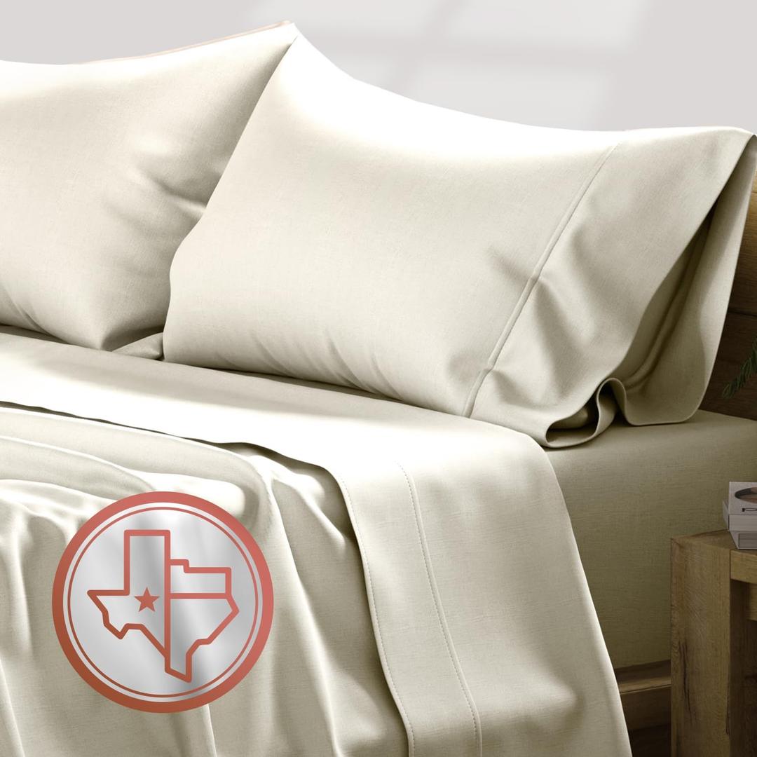 TEXAS LINEN CO. 100% Egyptian Cotton Sheets, 600 Thread Count 4 PC Queen Size Sheet Set, Soft, Cooling, High Thread Count Sateen, Extra Long Staple Luxury Bedding, 16 in Deep Pocket - Ivory