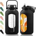 74 Oz Glass Water Bottle with Straw and Handle Lid Half Gallon Motivational Glass Bottle with Silicone Sleeve and Time Marker Large Reusable Sports Water Jug for Gym Home Workout