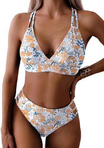 Tainehs Women's Push Up V Neck Bikini Sets Criss Cross Back Two Piece Bathing Suit Size L