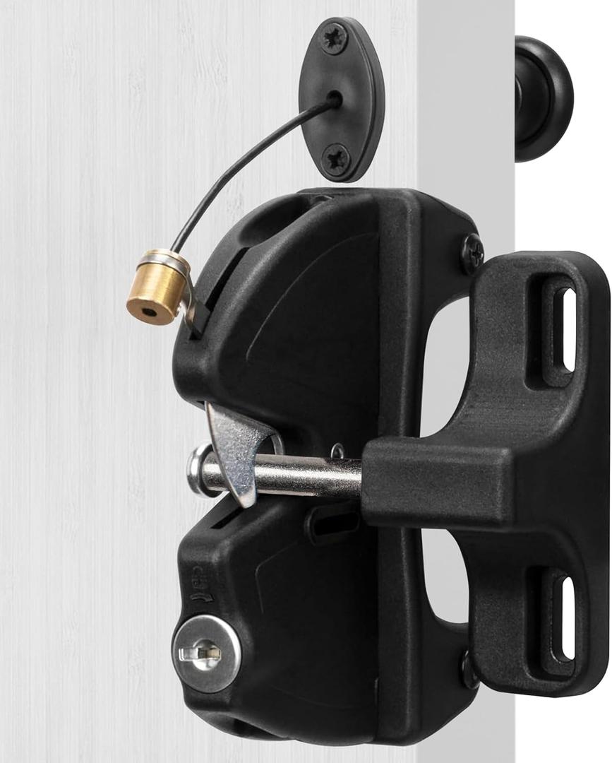 Key Lockable 2 Sided Gate Latch with Spring Pull Cable and Key,2 Way Gate Fence Lock for Outdoor Gates,Locking Gate Door Lock Fence Latch Gate Hardware for Metal,Wood,Vinyl Fence,Black Finish
