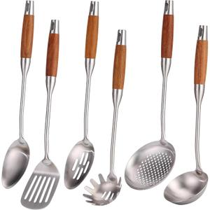 18/10 Stainless Steel Kitchen Utensils Set with Wood Handle - 15 Long Metal Cooking Tools - Serving Solid/Slotted Spoon, Turner, Skimmer, Soup Ladle, Spaghetti Spoon, Large Spoons Set of 6