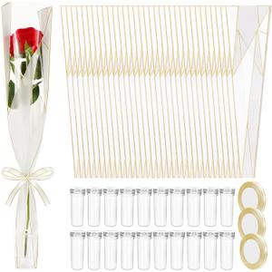 Gilprop 100 Set Single Rose Sleeve with Flower Water Tubes for Bouquets 100 Single Wrapping Bags and Floral Water Tubes with 3 Ribbons Flower Packaging Bags for Mother's Day Graduation Party