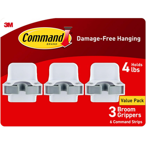 Command Broom Grippers, 3 Hangers and 6 Strips, Damage-Free Mop and Broom Holder Wall Mount, Household Cleaning Tool Organizer for Kitchen, Laundry Room, Closet, Holds up to 4 lb