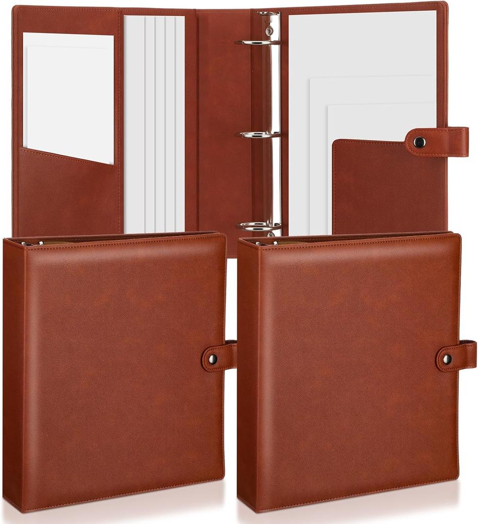 ReliThick 2 Pcs Vintage Leather Binder 3 Ring 2" Round Rings Holds 8.5"x11" Paper Letter Size Brown Binder with Snap Closure Interior Pockets Office Business Organizer