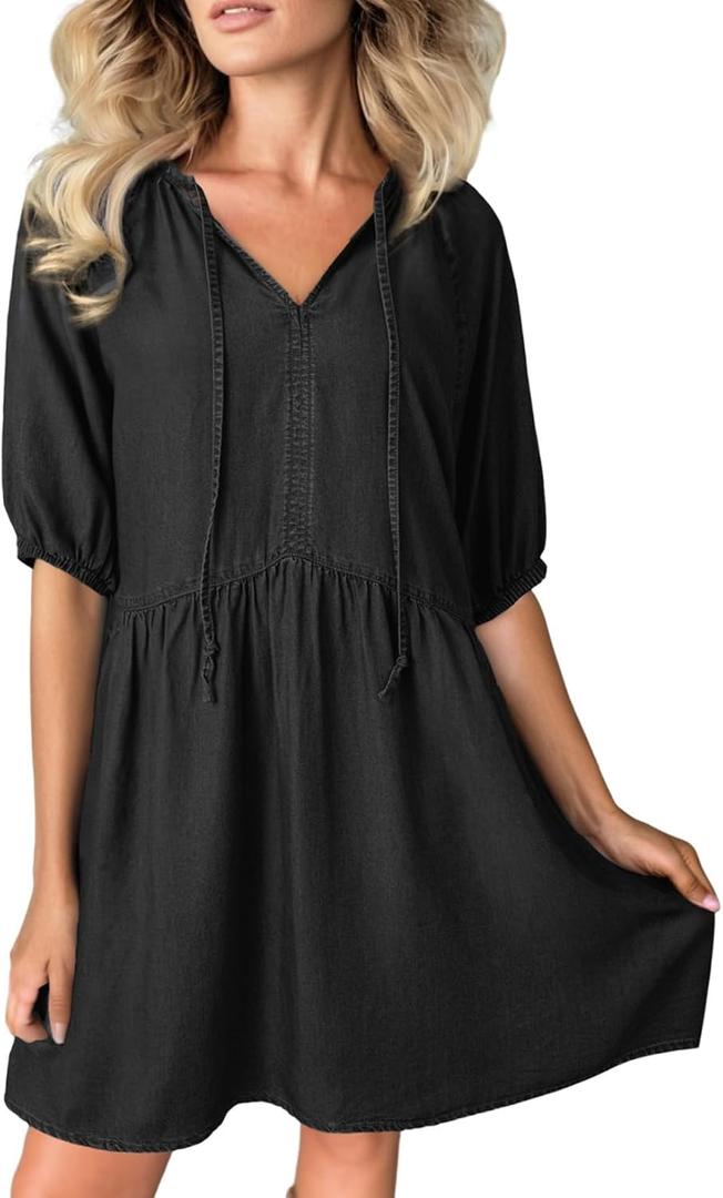 Dokotoo Denim Dress for Women Short Puff Sleeve V Neck Solid Babydoll Jean Dresses (S)