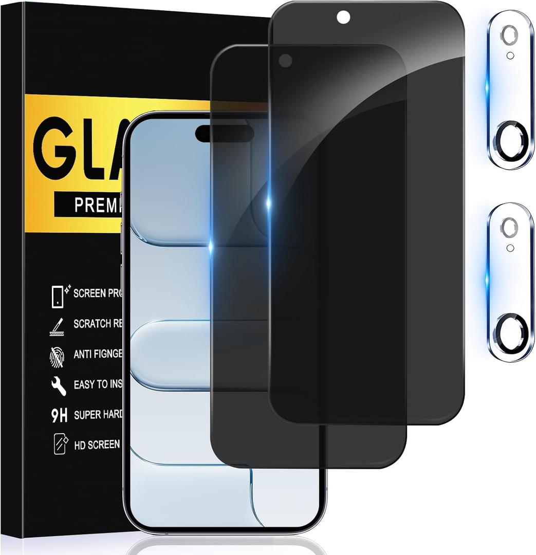 2+2 Pack Privacy Screen Protector for iPhone 17Air with Camera Lens Protector, 6.6 Inch Tempered Full Screen Glass Accessories, Anti-Spy, Bubble Free, Case Friendly