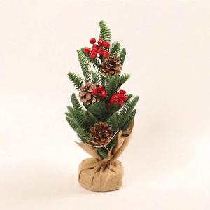 Tabletop Christmas Pine Tree with Burlap Base, 16 Inch Miniature Xmas Tree with Red Berries and Pine Cone