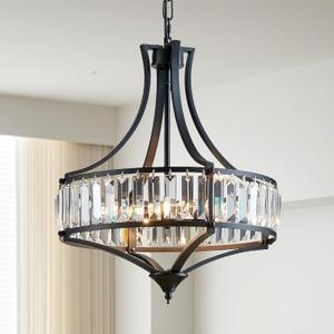 Crystal Chandeliers for Dining Room, Round Rustic Farmhouse Chandelier, Metal Shade, 4-Light Modern Chandelier for Hallway, Bedroom, Foyer Black (15.7-Black)
