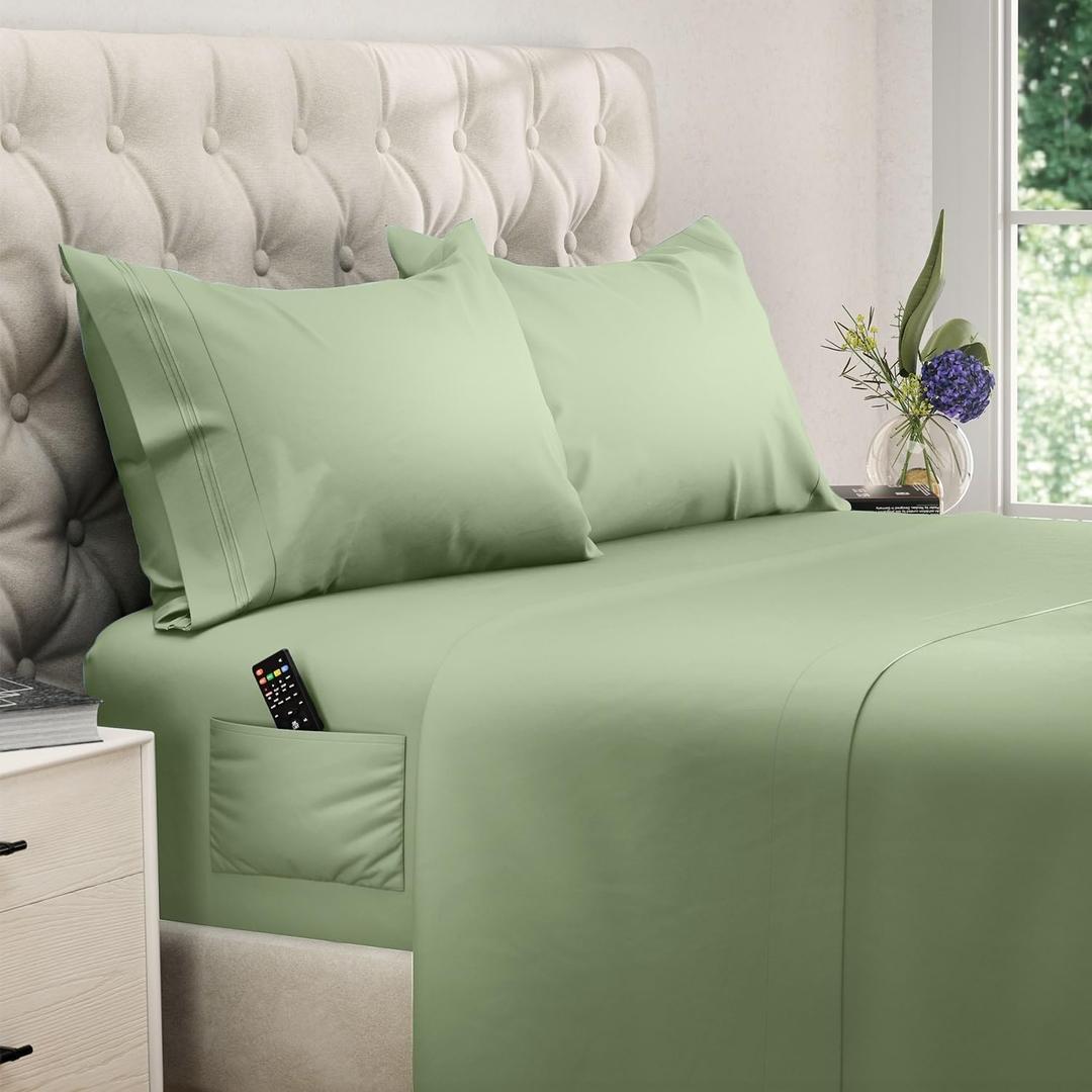 DREAMCARE King Size Sheets Set  4 pcs Cooling Sheets  up to 21 Deep Pocket King Sheet Set  Hotel Luxury Sheets & Pillowcases  Superior Softness 100% Microfiber with Side Pocket - Sage Green